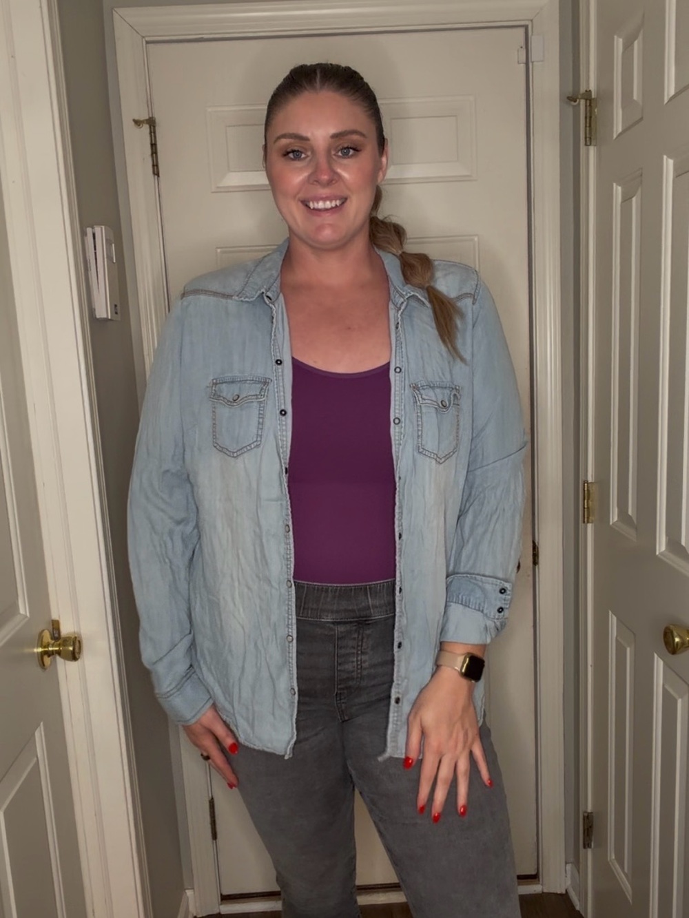 Maurices Light Blue Denim Button-Down Shirt with Purple Tank